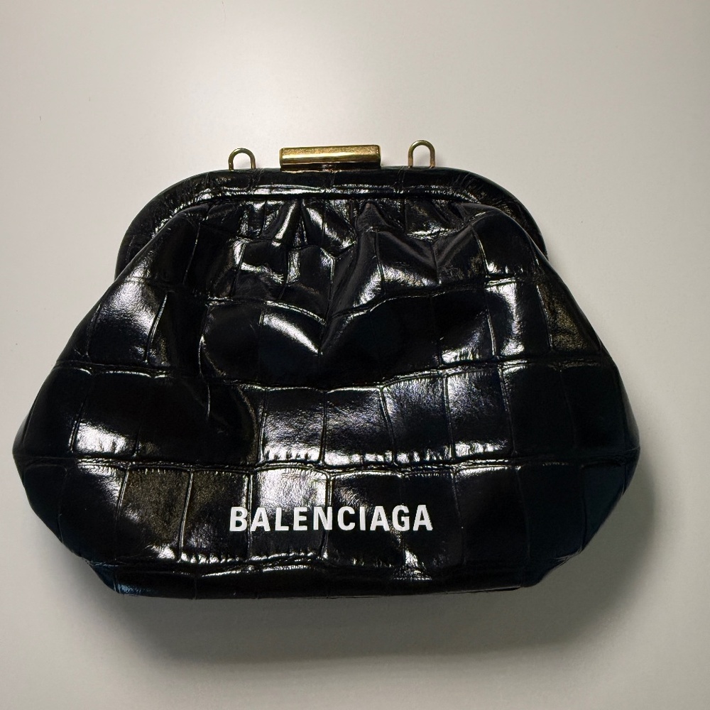 Balenciaga Black Croc Cloud Coin Purse Cross Body Leather Clutch Mini Bag